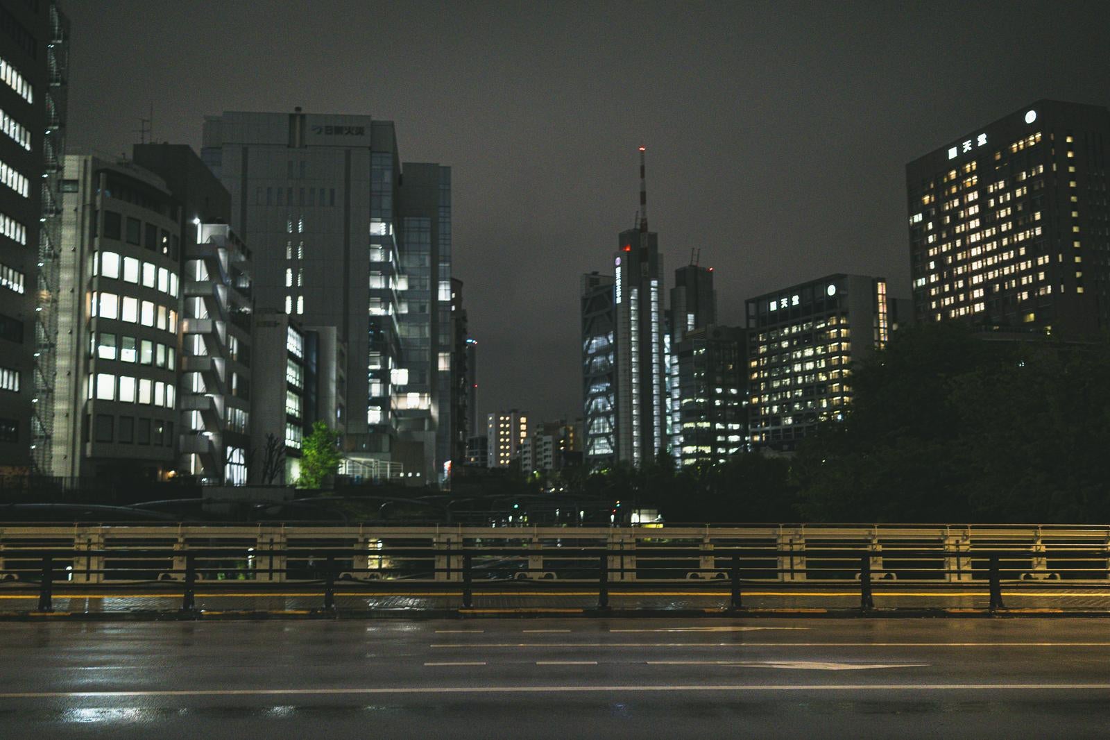 雨の夜に御茶ノ水の橋から見たオフィスビル群と濡れた路面