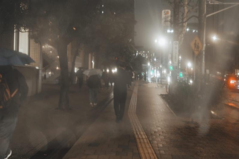 雨の夜に傘をさして歩く歩行者