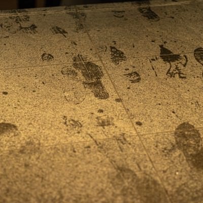 床に付いた濡れた靴跡の写真