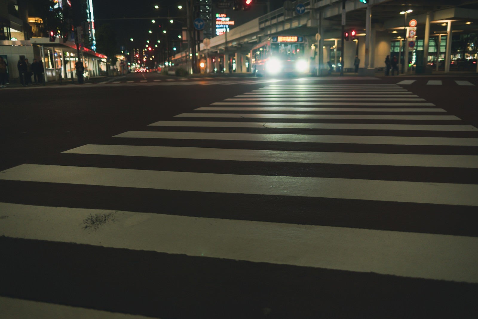 「バスのヘッドライトと横断歩道の白線」の写真