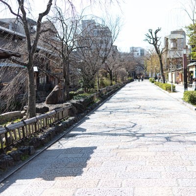 どこまでも続く白川沿いの石畳（京都祇園）の写真