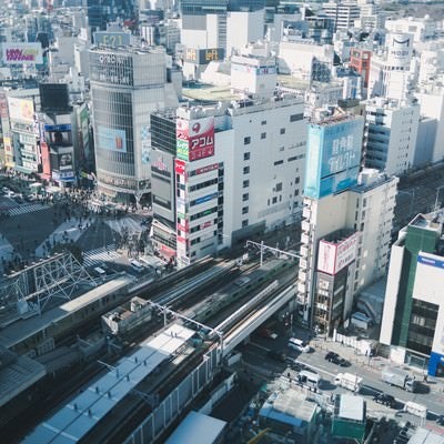 俯瞰したスクランブル交差点と山手線（渋谷スクランブルスクエア）の写真