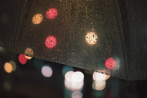 傘の雨粒と街灯の丸ボケの写真