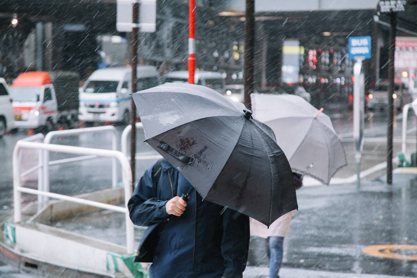 「台風の日に傘をさす人」の写真