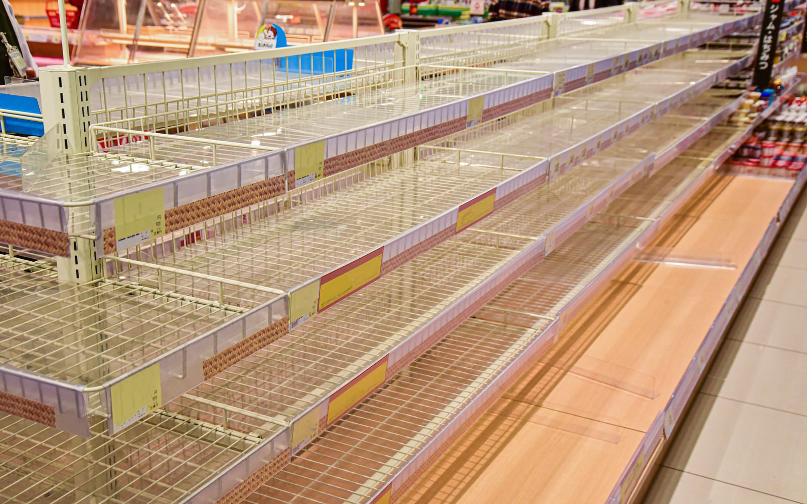 「大型の台風上陸予想でスーパーの食料品の棚が売り切れで何もない」の写真