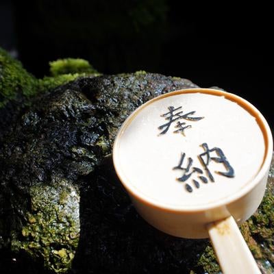 奉納柄杓と苔むす岩の静寂の写真