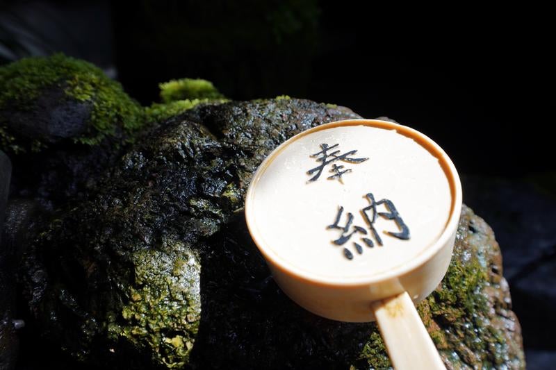 奉納柄杓と苔むす岩の静寂の写真
