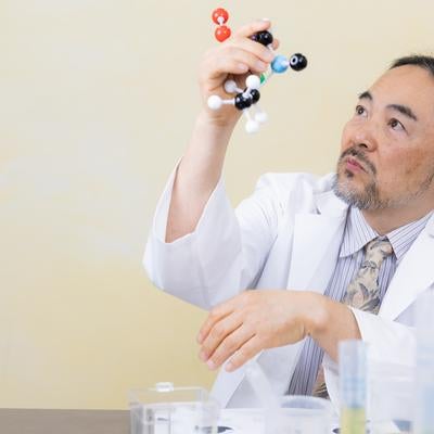 分子モデルを片手に研究する博士の写真