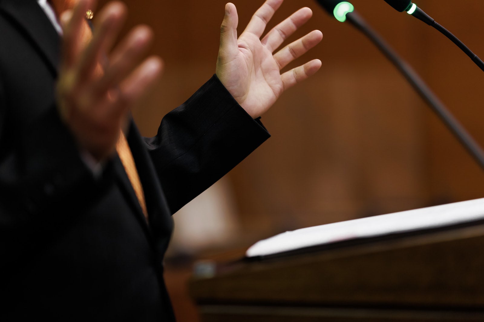 「両手を派手に動かしながら話す津山市の市議会議員」の写真