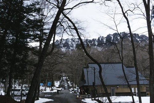 初冬の戸隠神社奥社入り口付近と奥にそびえる雪をまとった戸隠の山々の写真