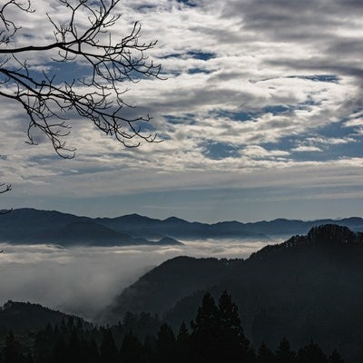 雲海に沈む長野市辺りと右手に見える葛山城（かつらやまじょう）跡の写真