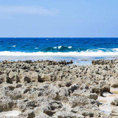 犬田布海岸のゴツゴツした岩場と海の写真