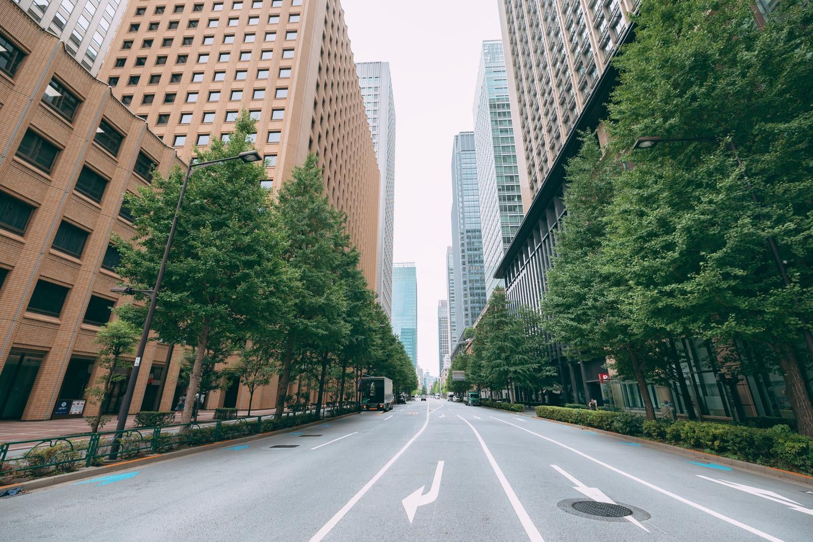 「丸の内エリアの高層ビル群と道路」の写真