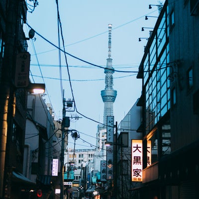 浅草の商店街から見た東京スカイツリーの写真
