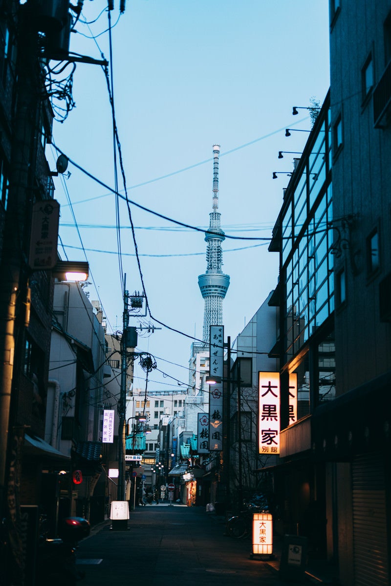 「浅草の商店街から見た東京スカイツリー」の写真