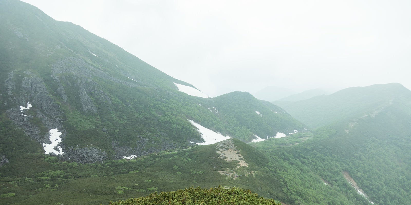 「霧（ガスる）が多くて全景を楽しむことができない乗鞍新登山道」の写真