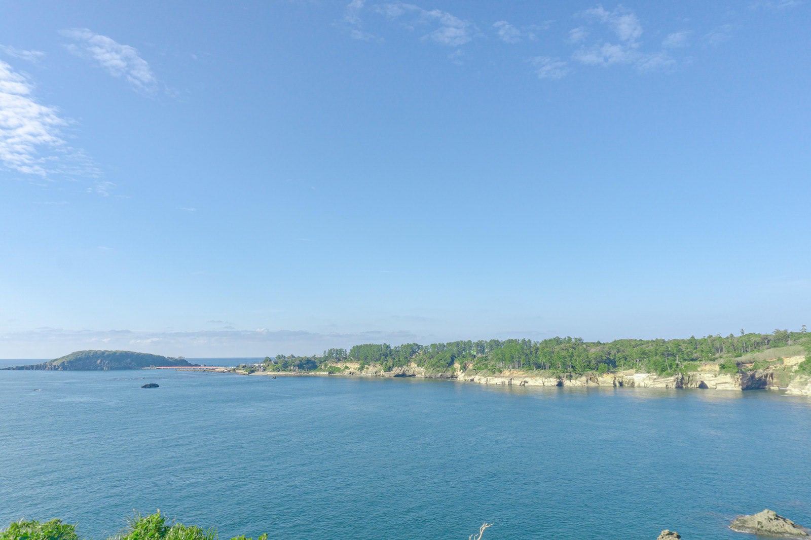 「東尋坊北側から雄島まで続く松林と海食崖と海食洞」の写真