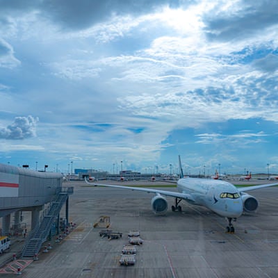 香港国際空港から見える飛行機と青空の写真