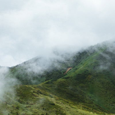 靄がたちこめる山の写真