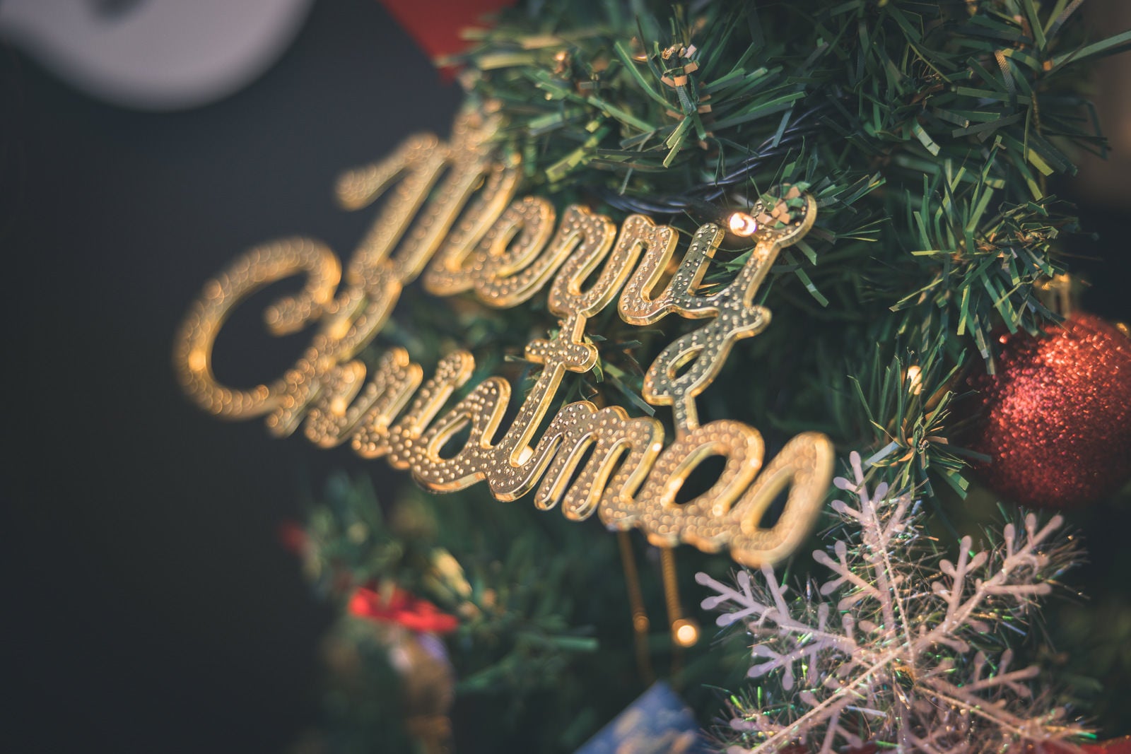 「merry christmas の装飾とクリスマスツリー」の写真