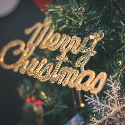 merry christmas の装飾とクリスマスツリーの写真