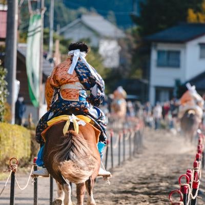 古殿八幡神社例大祭の流鏑馬コースを疾走するの写真