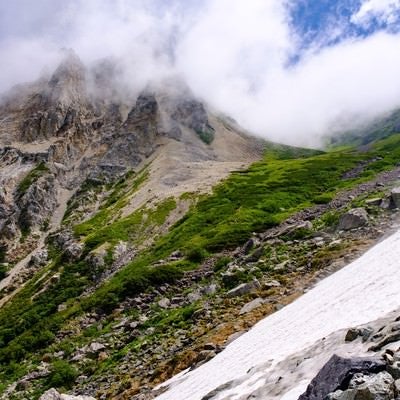 大雪渓越しに見る山々の風景（白馬岳）の写真