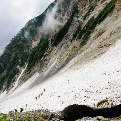 白馬大雪渓の傾斜に挑む登山者達（白馬岳）の写真