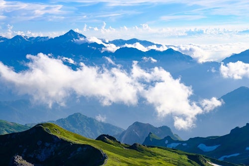 白馬岳の彼方に見える雲海と剣岳の写真