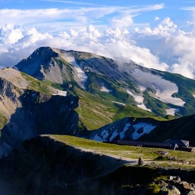 白馬岳（しろうまだけ）山頂からの白馬連峰と白馬山荘の写真
