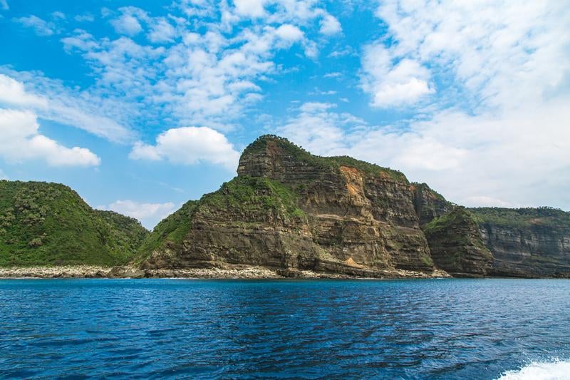 緑に覆われた頂上と岩肌が見える海上の島の写真