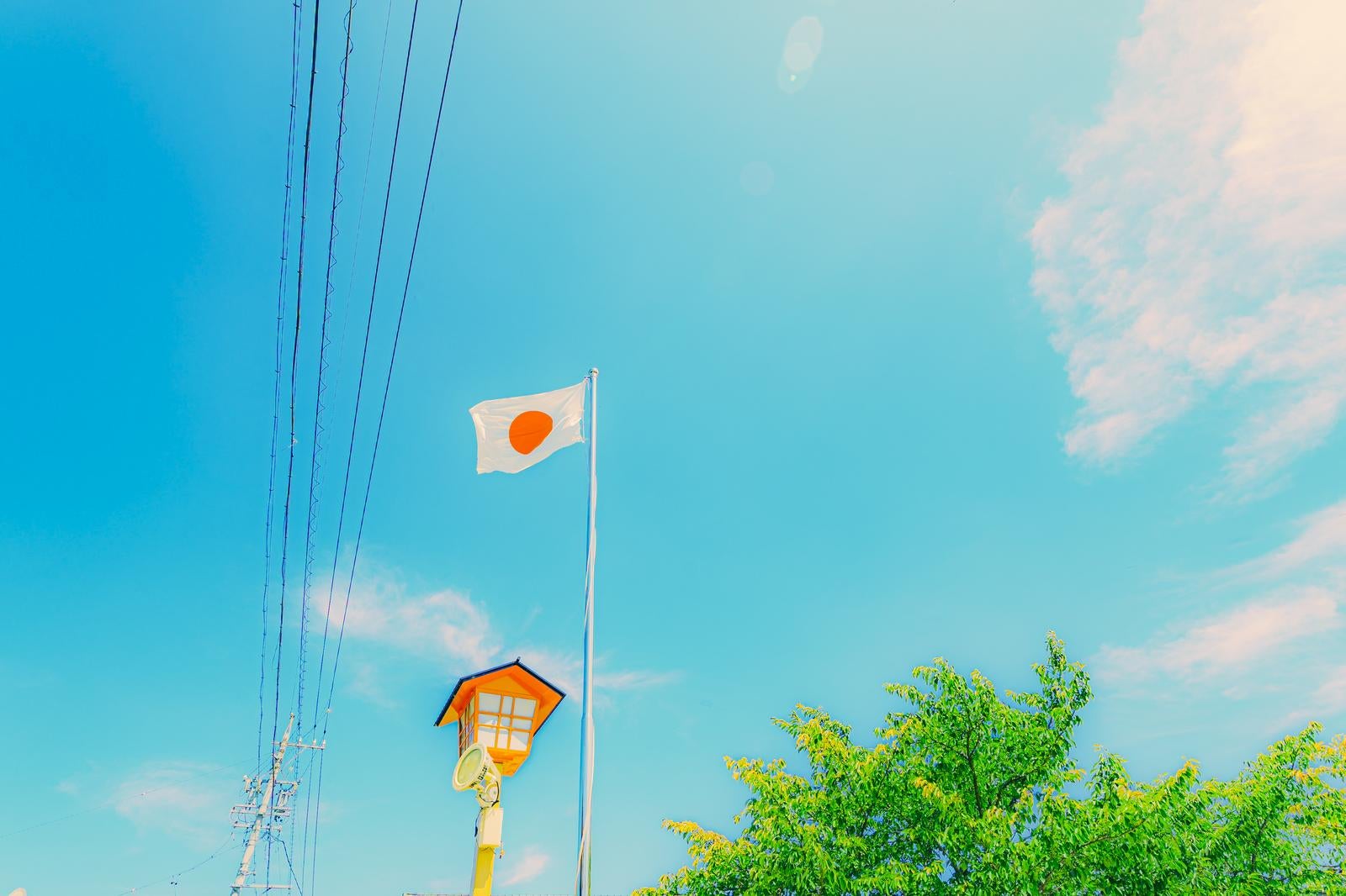 「夏空とともに揺れる日本国旗」の写真