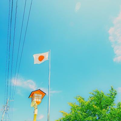 夏空とともに揺れる日本国旗の素材