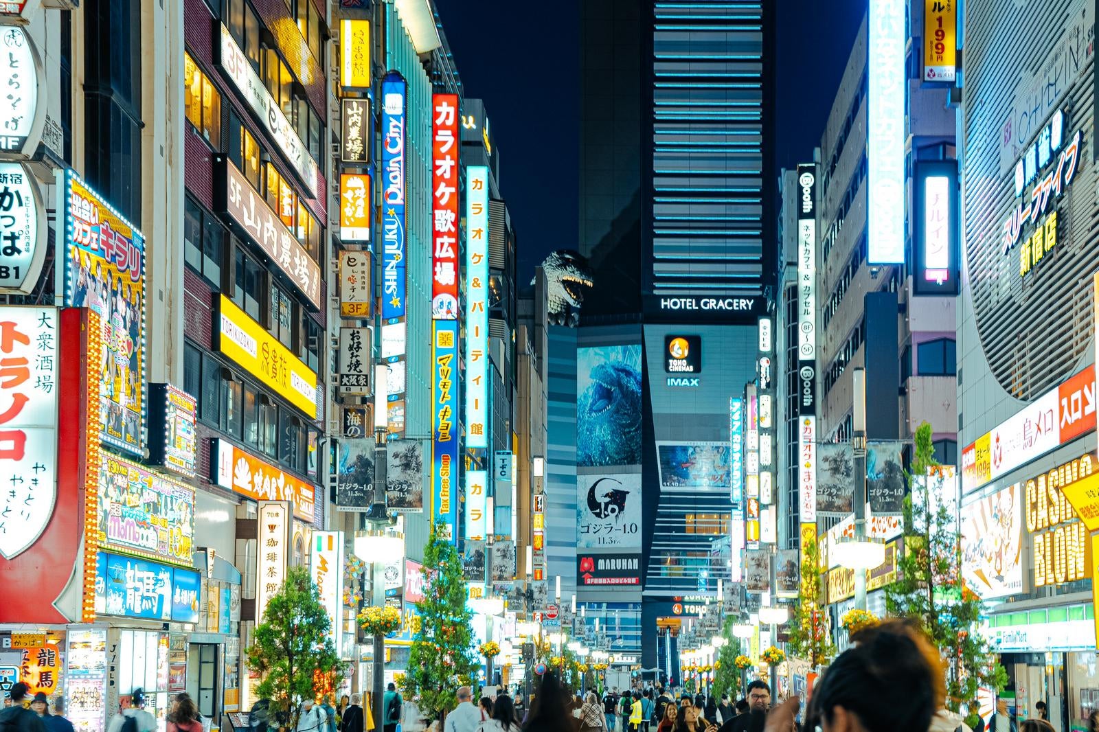 「新宿ゴジラ通りと繁華街の看板」の写真