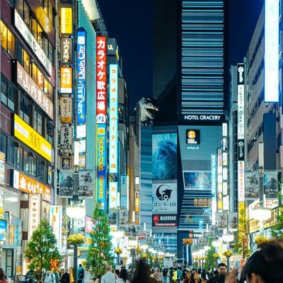 新宿ゴジラ通りと繁華街の看板の写真