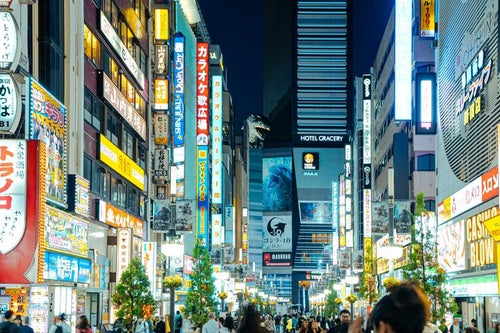 新宿ゴジラ通りと繁華街の看板の写真