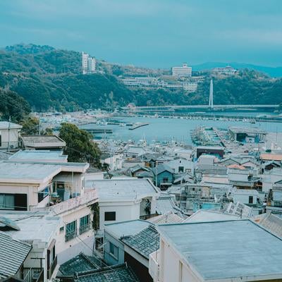 高台から見下ろす港町と密集した住宅の屋根の連なりの写真