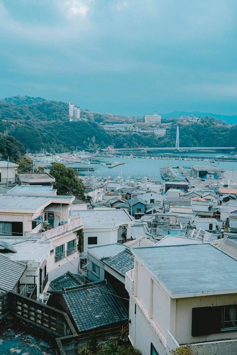 「高台から見下ろす港町と密集した住宅の屋根の連なり」の写真