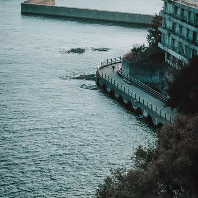 静かな海沿いに続く歩道（和歌山県和歌浦）の写真