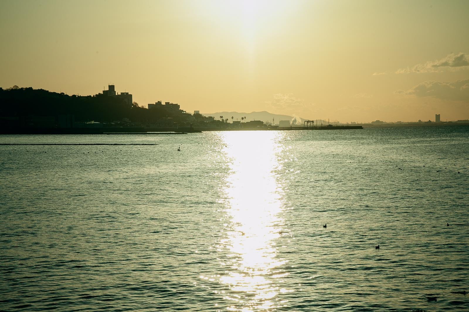 「沈みゆく夕陽と光が水面に長く伸びる美しい風景」の写真