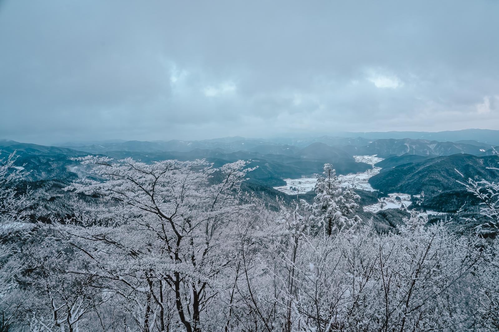 雪化粧した山々が霞んで見える冬の景色、手前に雪を被った樹木