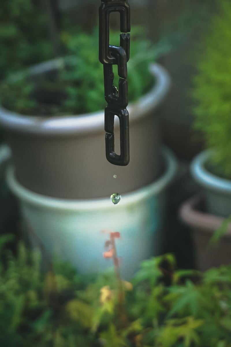 「鎖の一部に水滴が垂れ落ちる瞬間」の写真