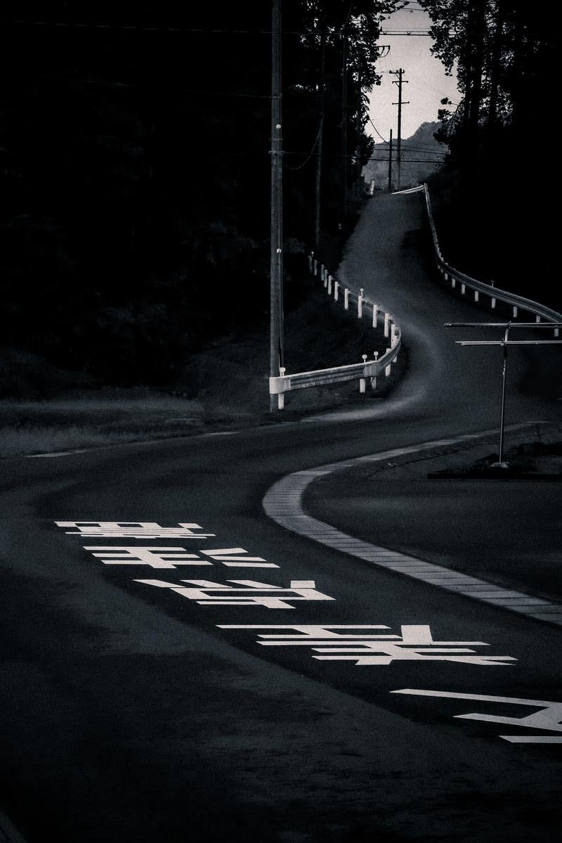 「白線で描かれた道路標示が続く曲がりくねった道」の写真