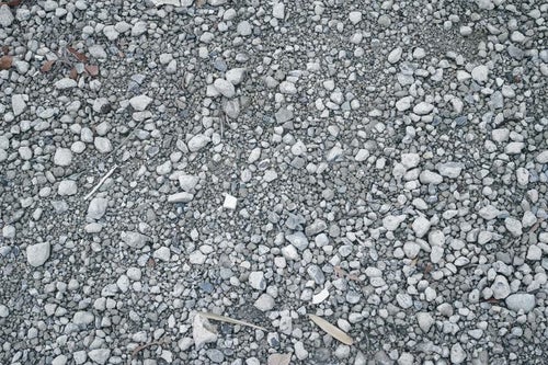 不揃いな小石にわずかに混じる枯れ葉の残骸（テクスチャー）の写真
