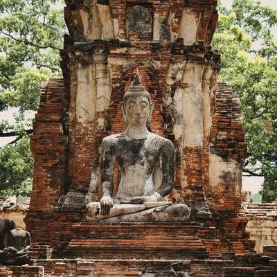 赤レンガの古代遺跡に結跏趺坐する大きな仏像の写真