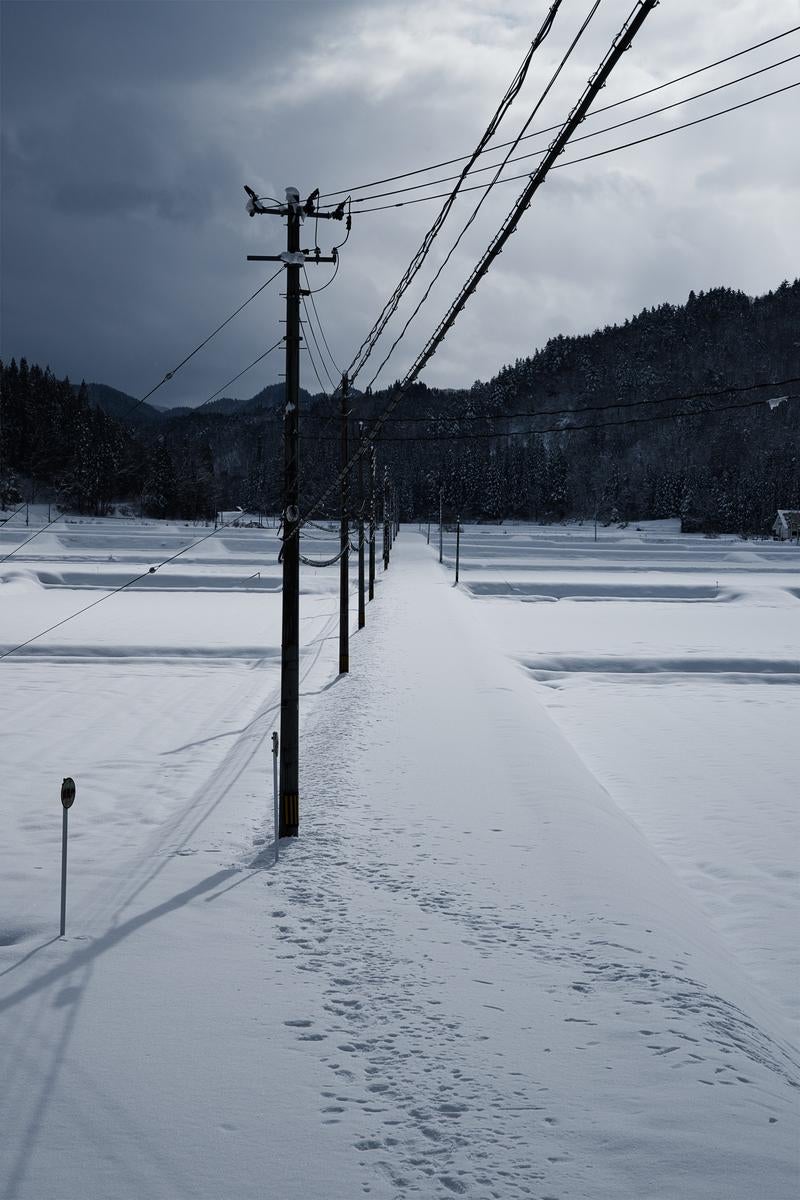 雪に覆われた田んぼ道を縦に貫く電線が張られた電柱と、奥に続く雪景色の冬の農村風景
