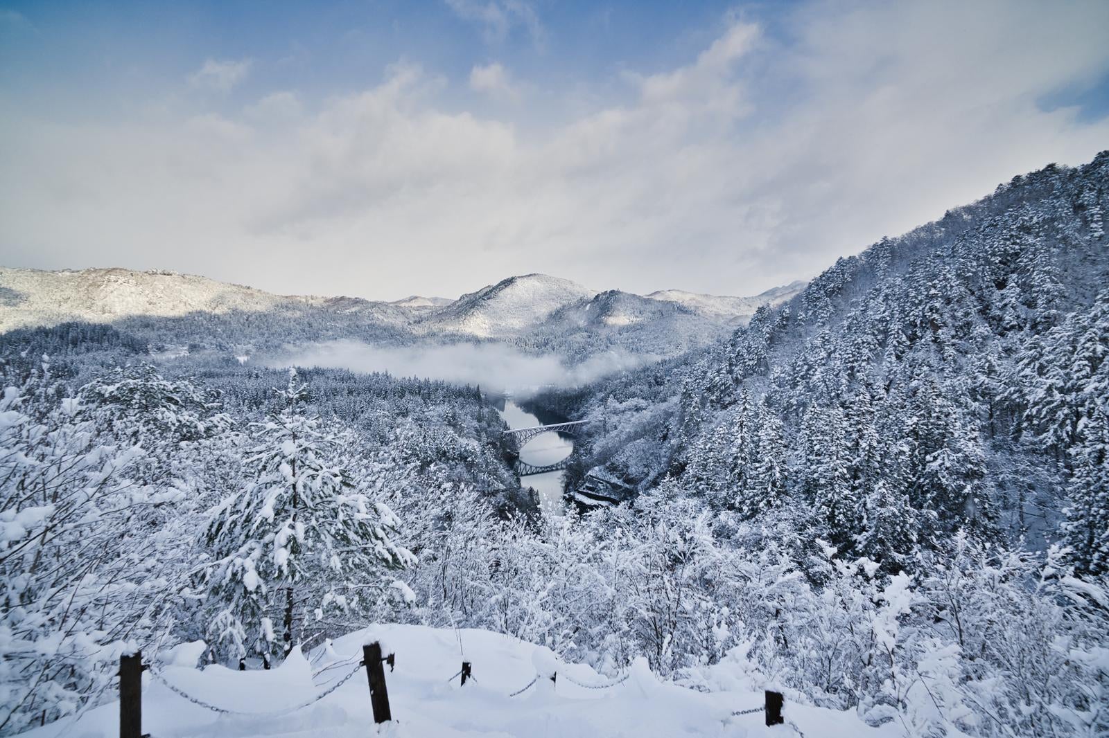 雪をかぶった針葉樹が密生する山々に囲まれた谷間に、白い橋梁が架かる冬の第一只見川渓谷