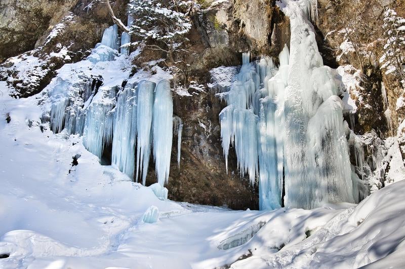日光の庵滝に冬季に形成される青い氷瀑と氷柱群の写真