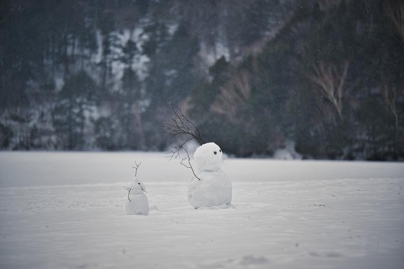 雪に覆われた湖畔に立つ雪だるまの写真