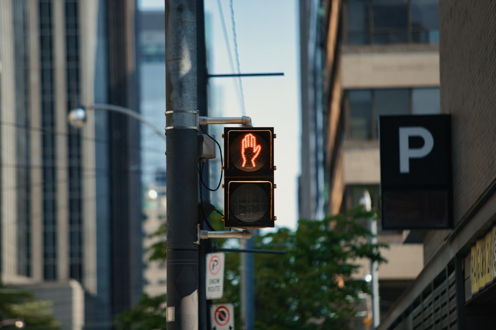 「トロント市街の歩行者用信号機　止まれ」の写真